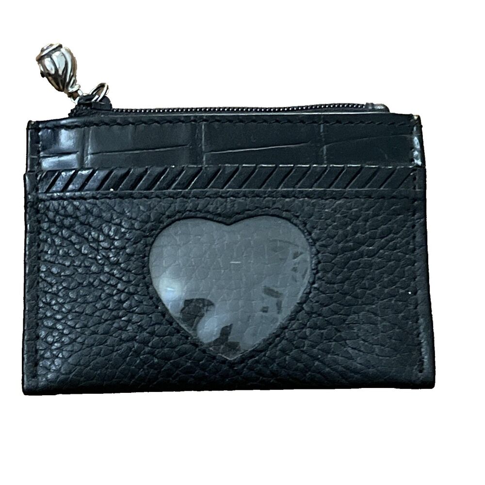 Brighton Black Leather Card Wallet Coin Purse Heart Shaped ID Window 3x4"